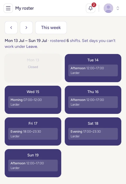 A staff member's weekly roster on their phone: six shifts from Monday to Sunday, each showing the time and the section.